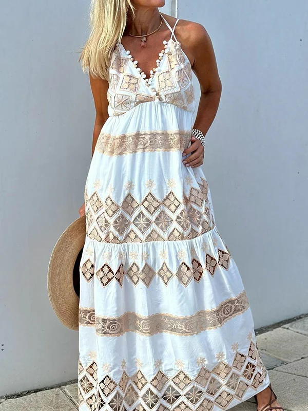 Flower-Embellished Backless Loose Sleeveless Spaghetti-Neck Maxi Dresses