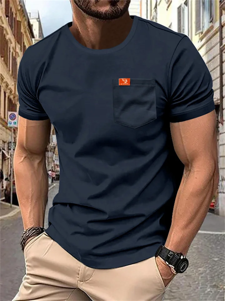 New Men's Large Size Solid Color T-shirt Fashion Casual Pockets Slim Type Round Neck T-shirt-Cosfine