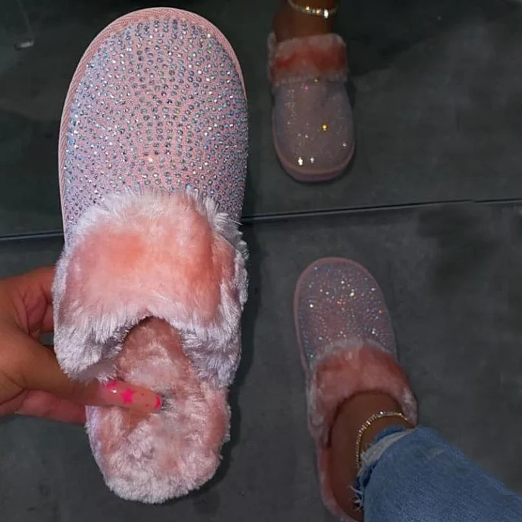 Women Soft Plush Rhinestone Faux Fur Slippers QueenFunky
