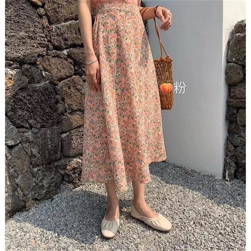Korean Style Loose Maxi Skirt for Women Summer Elastic High Waist Chiffon Floral Print Midi Skirt Vestido Falda Vaquera Mujer