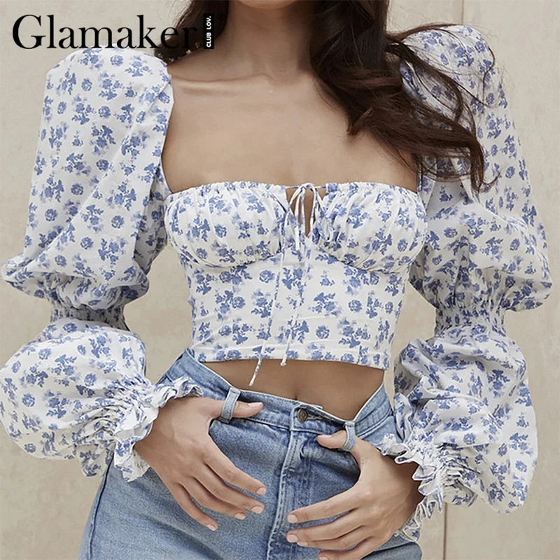 Glamaker Floral print long puff sleeve top Bodycon square collar crop top Slim sexy winter autumn 2020 new top chiffon shirt