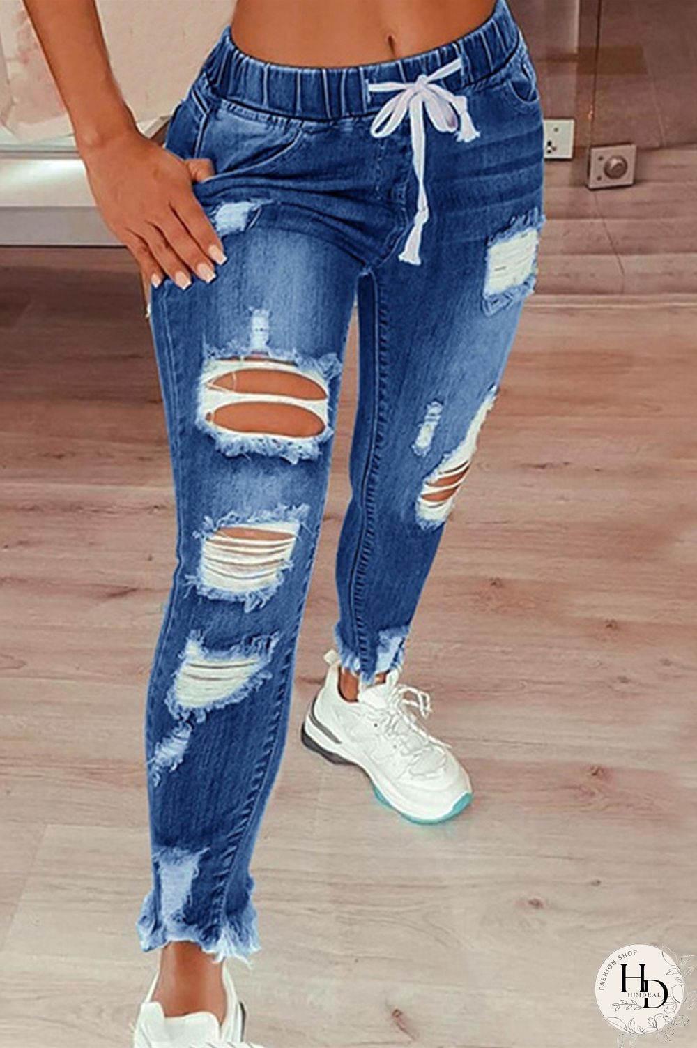 Black Fashion Casual Solid Ripped Plus Size Jeans