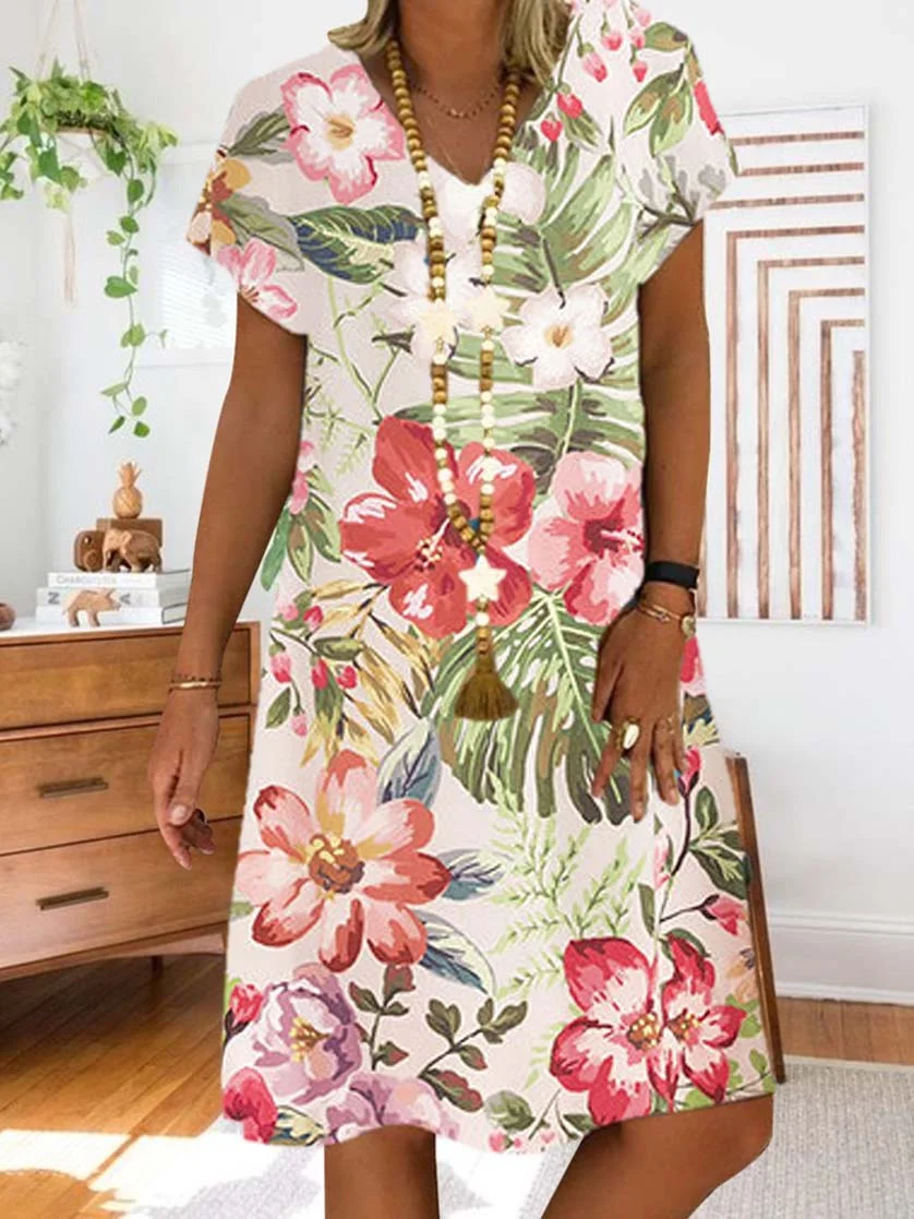 Women Half Sleeve V-neck Solid Color Dress