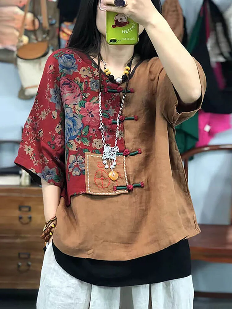 Plus Size Women Embroidered Floral Retro Linen Stitching T-shirt