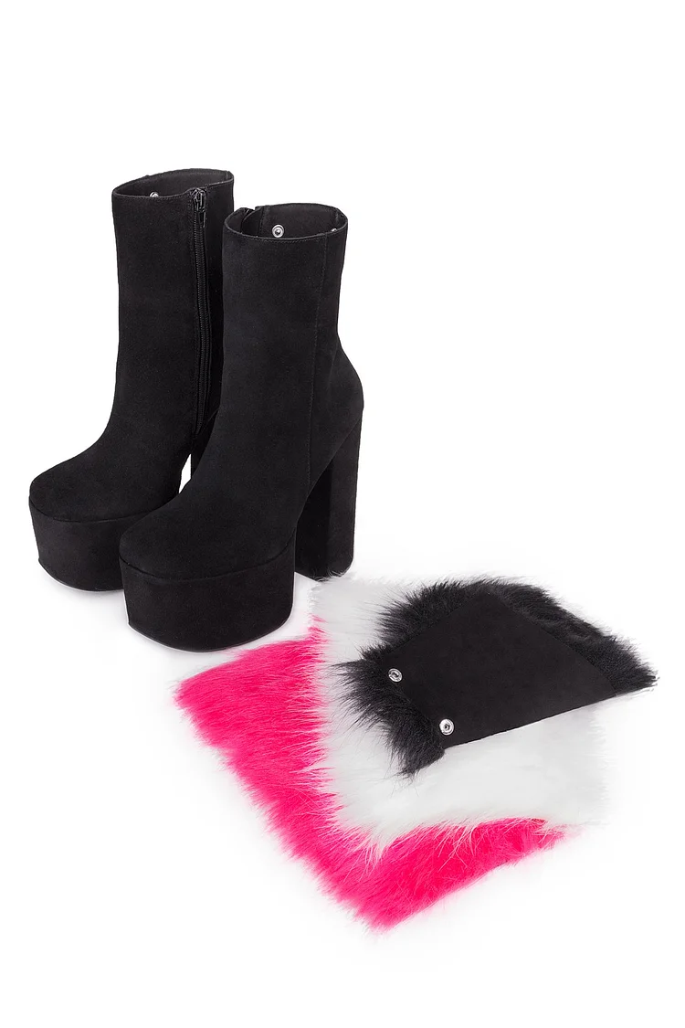 Pink Fur Chunky Heel Platform Black Suede Ankle Boots Vdcoo