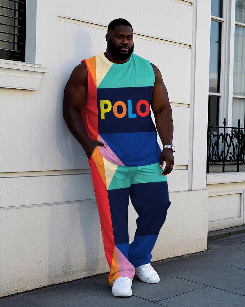 Big Men's Sporty Abstract Multicolor Splicing Block POLO Letter Printed Vest and Pants Set