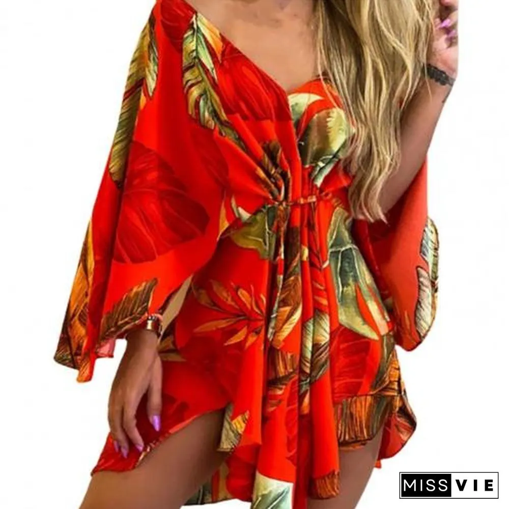 V-Neck Leaf Print Party Women Elegant Lace-Up Waist Casual Irregular Beach dress sexy
