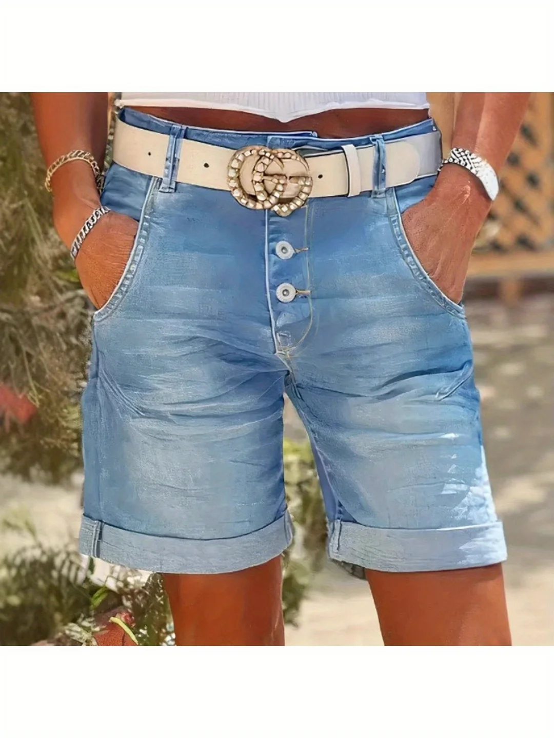 Women's Stretch High Waist Jeans - Light Blue Denim Shorts, Non-Transparent Summer Pants For Casual Outfits, Everyday & Formal Events - Machine Washable Women's Jeans, Street Style Apparel, Rolled Hem Jeans, Decorative Belt, Nontransparent Fabric | IFYHOME