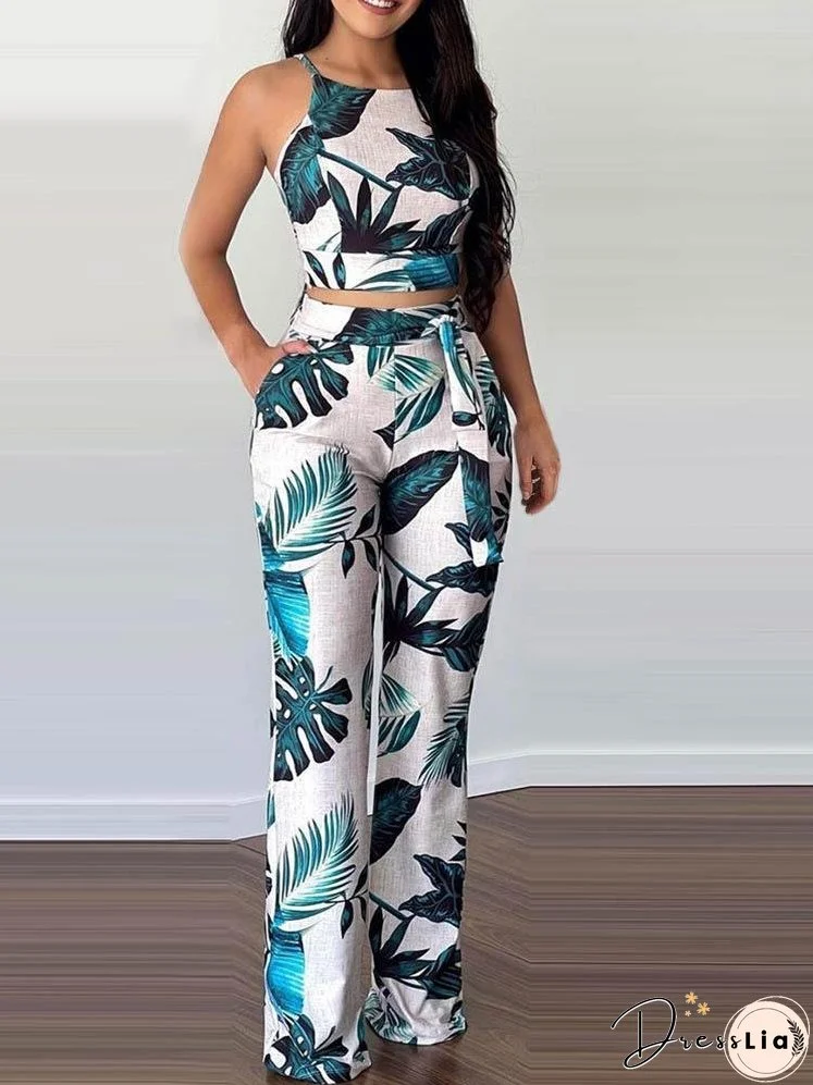 Tropical Print Top & Pants Set for Women