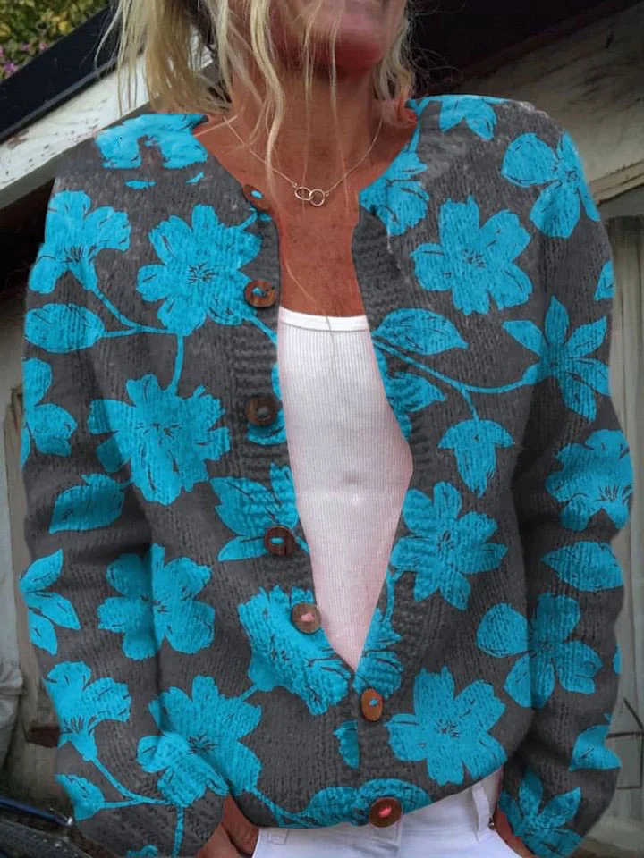 Vintage Flower Art Print Buttoned Cardigan Sweater