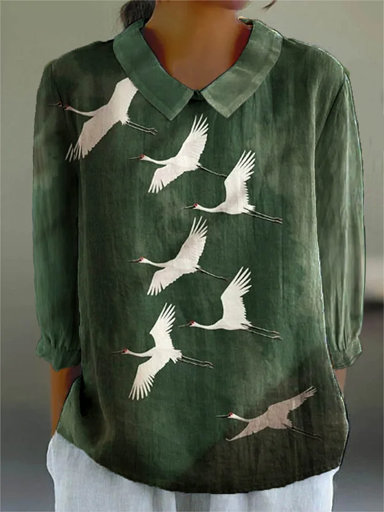 Womens Artistic Crane Pattern Casual Cotton And Linen Top