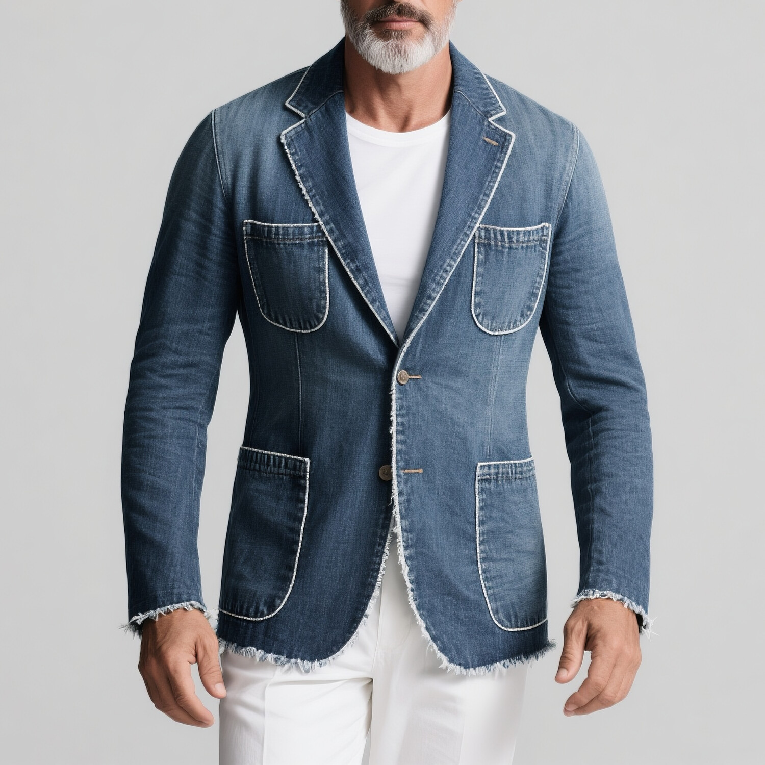 Men's Notch Lapel Long Sleeve Two Button Raw Edge Contrast Stitching Multiple Pockets Denim Blazer