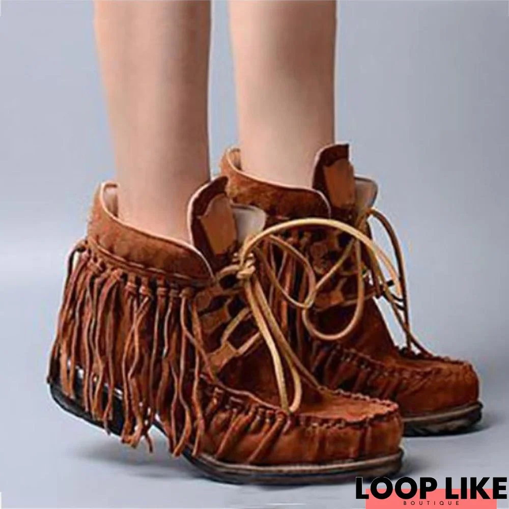 Casual Lace-Up Fringed Boots