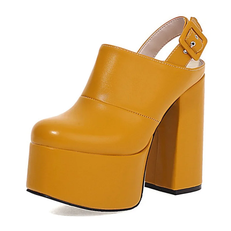 Yellow Leather Closed Toe Slingback Platform Mules With Chunky Heels Nicepairs