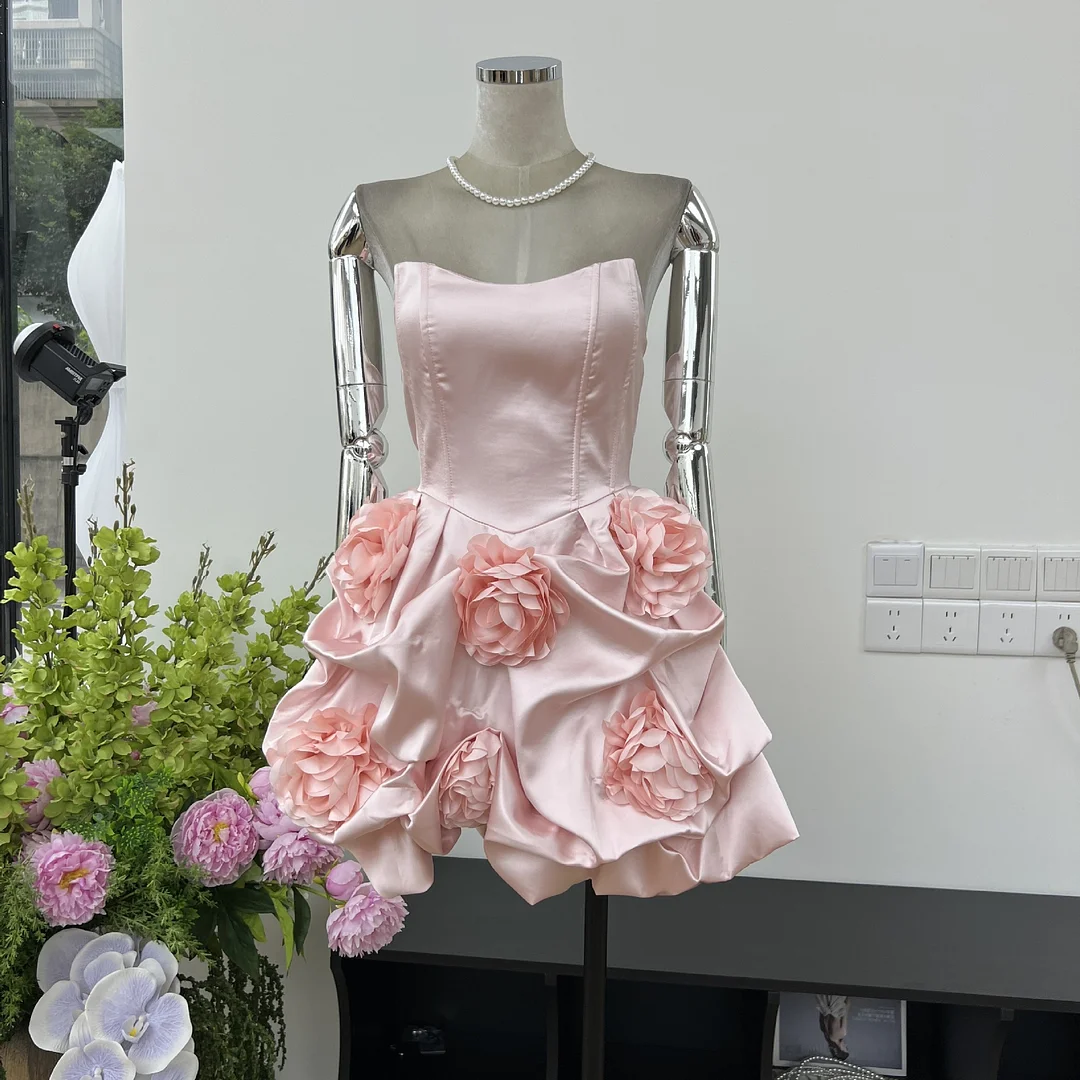 Zingj Fashion Age Reduction Breast-Wearing Noodle Bubble Dress Famous Gold Three-Dimensional Flower Party Dress