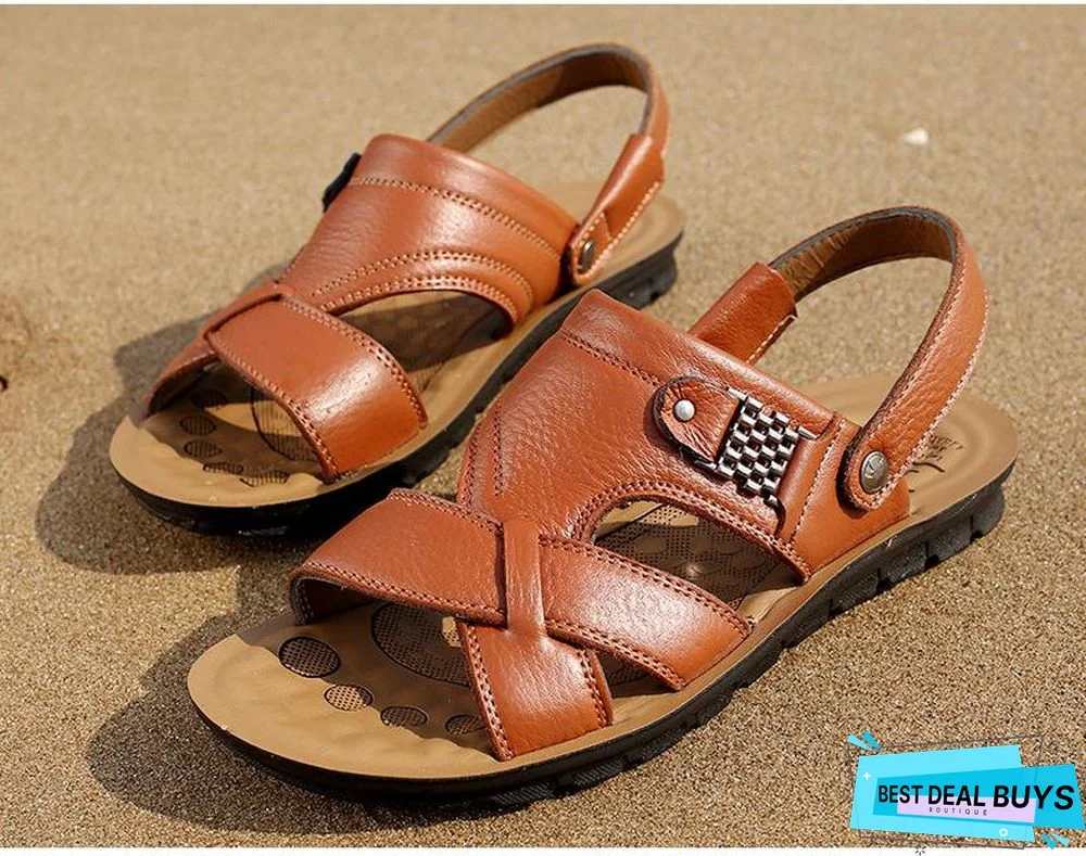 Men's Genuine Leather Casual Non-Slip Sandals Beach Slippers Shoes
