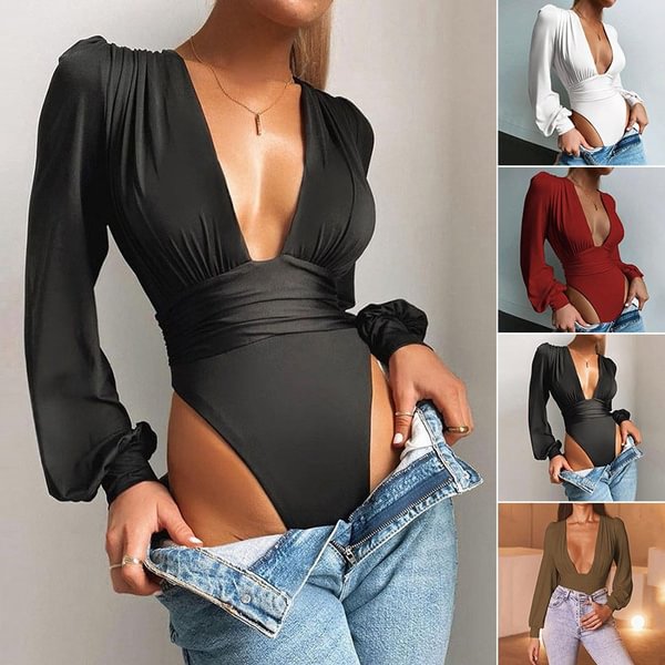Fashion Womens Deep V Neck Jumpsuit Ladies Sexy Puff Sleeve Bodycon Jumpsuit Solid Color Casual Party Winter Bodysuits Rompers Women Tops - Shop Trendy Women's Clothing | LoverChic