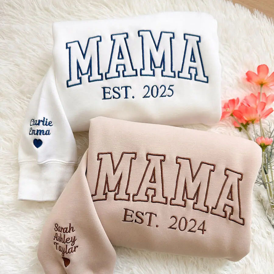 Loveyoufancy Custom Embroidered Mama Sweatshirt/Hoodie with Kids Names on Sleeve Mother's Day Gift