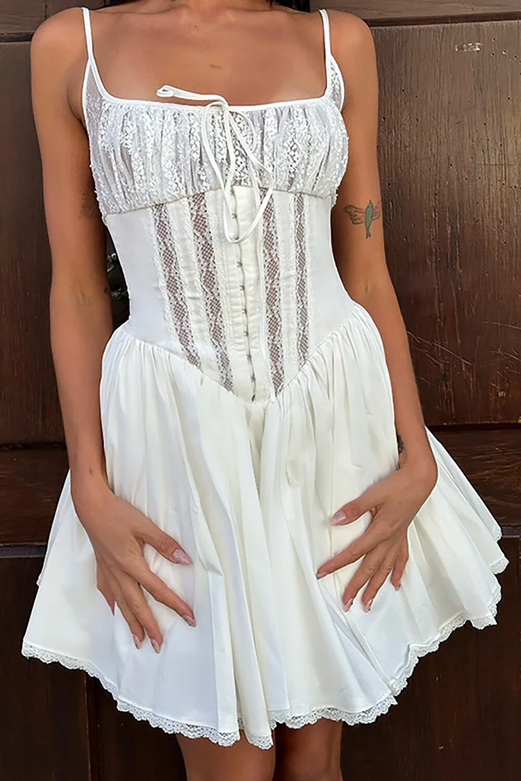 Lace Patchwork Cinch Waist Front Tie Up A-Line Slip Mini Dresses-White