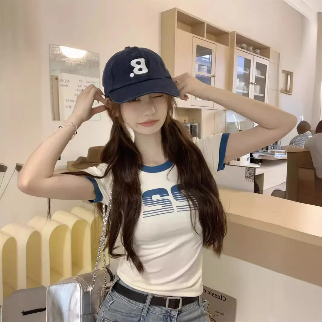 Uveng Uveng Print Short-Sleeved T-Shirt Women's Summer 2024 Hot Girls Retro Short Student Slim Top Fashion