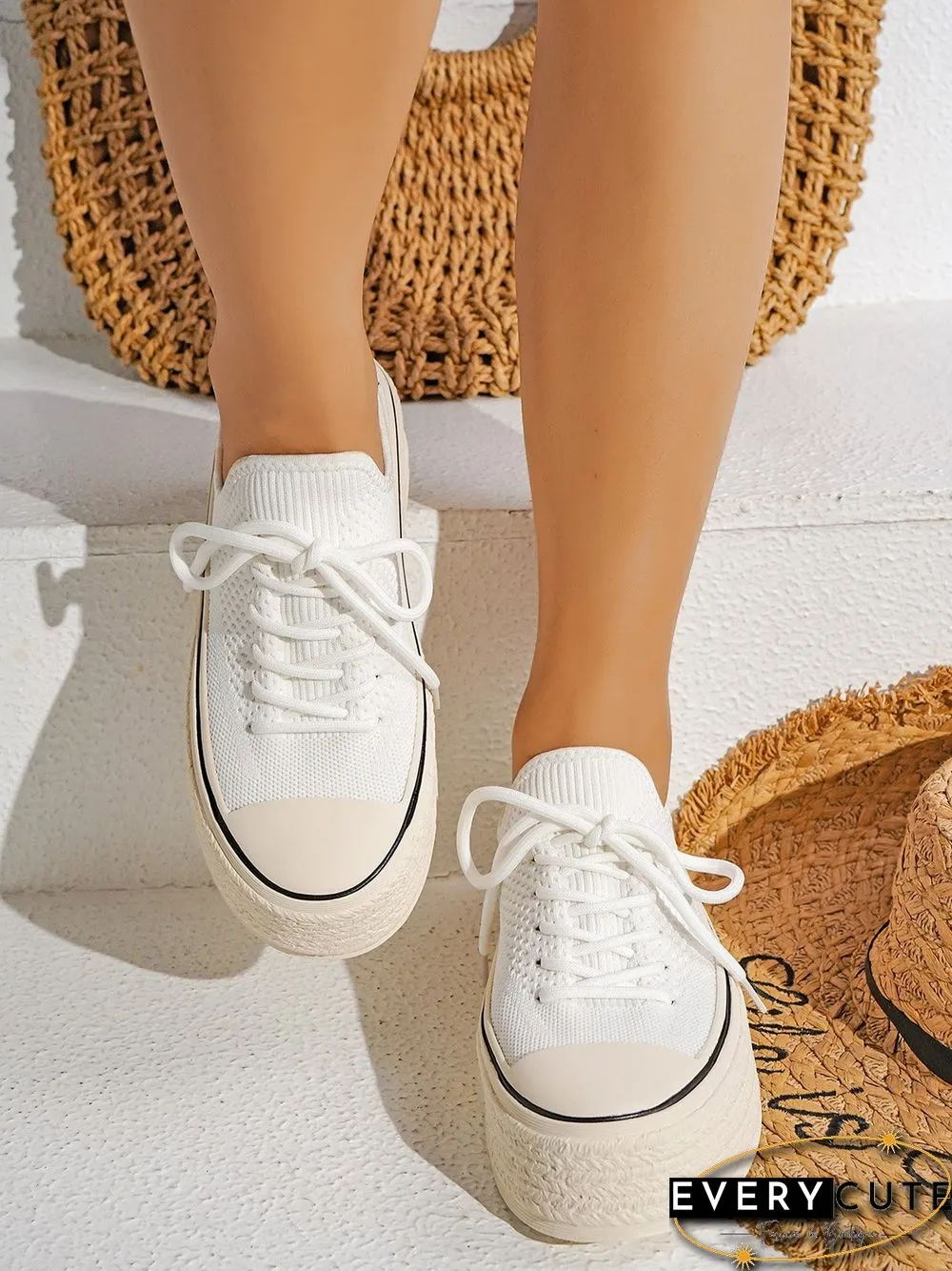 Fashionable Lightweight Breathable Lace-Up Platform Flyknit Casual Shoes
