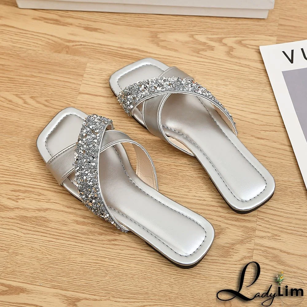 Summer Beach Outdoor Wear Sequined Flat Women's Shoes Retro Cross Strap Sandals and Slippers