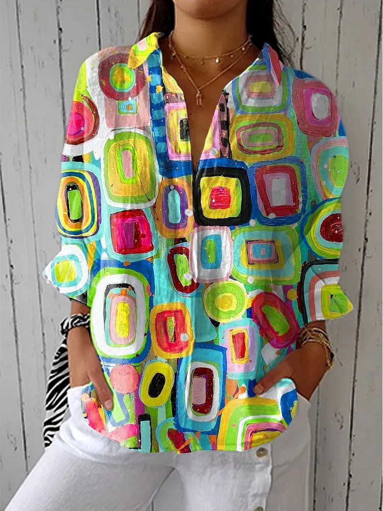 Women's Bright Colorful Abstract Art Print Casual Linen V-neck Shirt