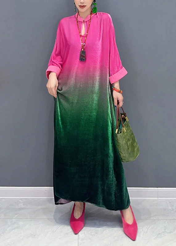 Gradient Color Stand Collar Silk Velvet Maxi Dresses Fall