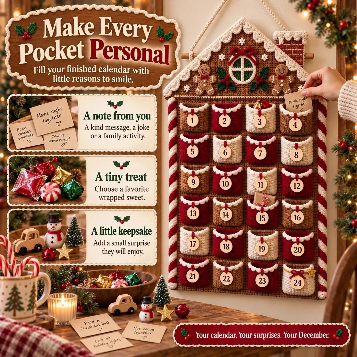 Gingerbread house crochet calendar with examples of notes, treats and small keepsakes for its pockets