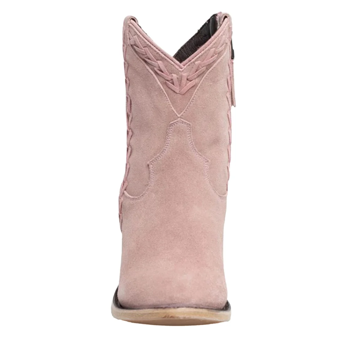 Light Pink Faux Suede Round Toe Side-Zip Ankle Boots with Block Heel