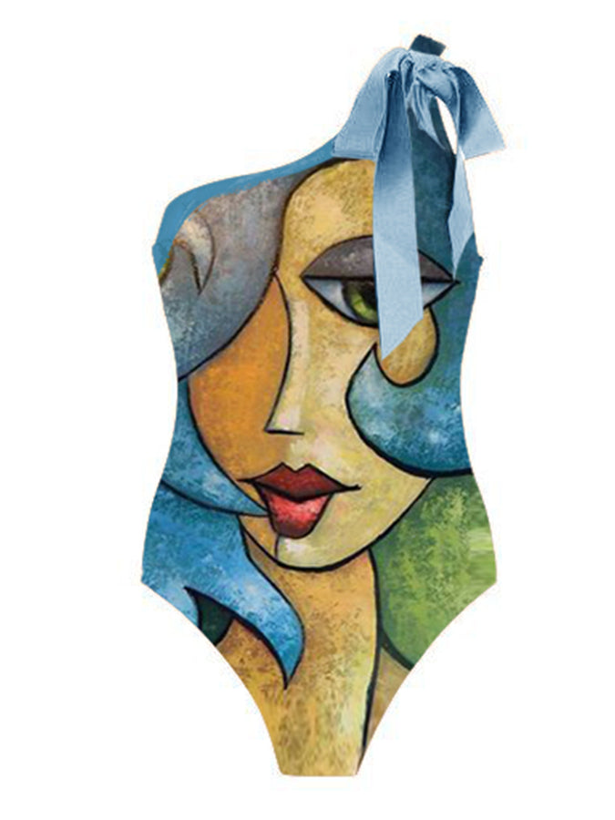 Fashion One Shoulder Abstract Print Swimsuit Set