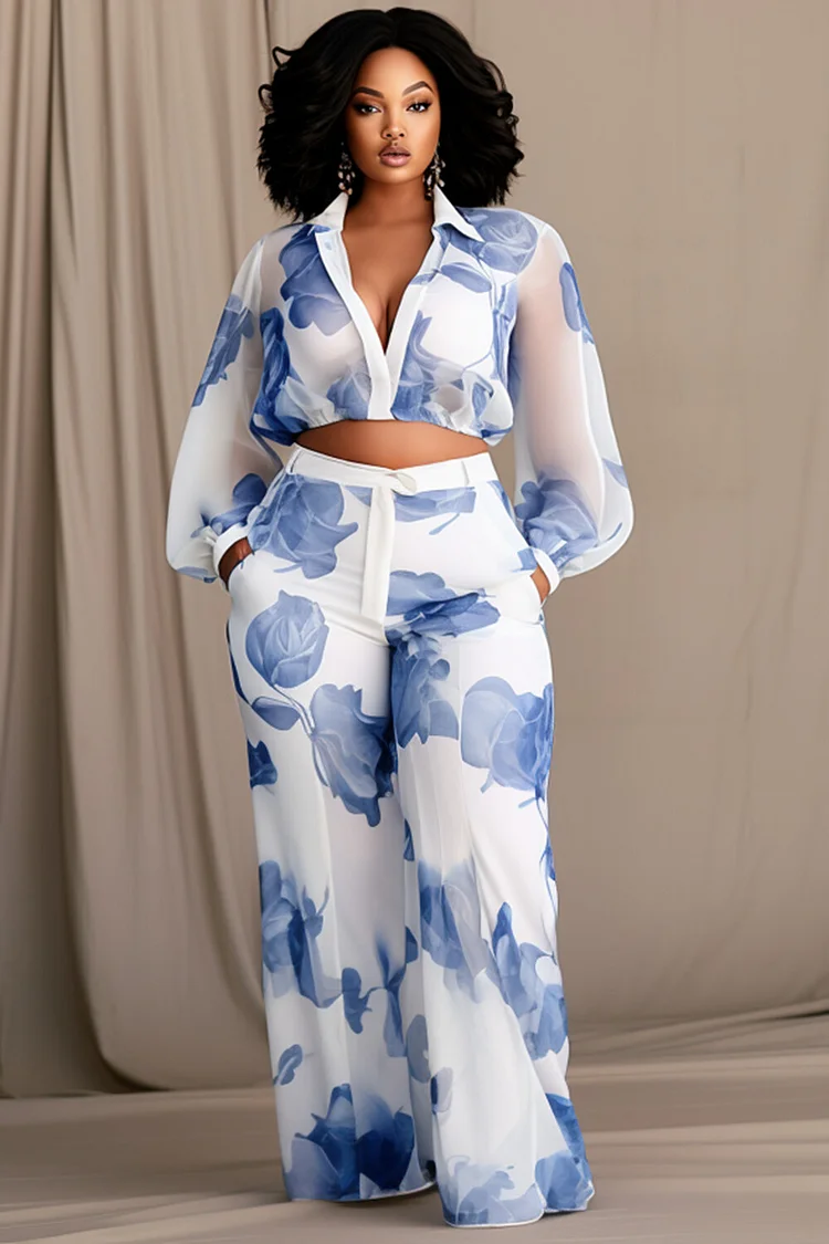 Xpluswear Design Plus Size Daily Blue Graphic Shirt Collar Long Sleeve See Through Pocket Organza Two Piece Pant Sets [Pre-Order] 2024 - Xpluswear