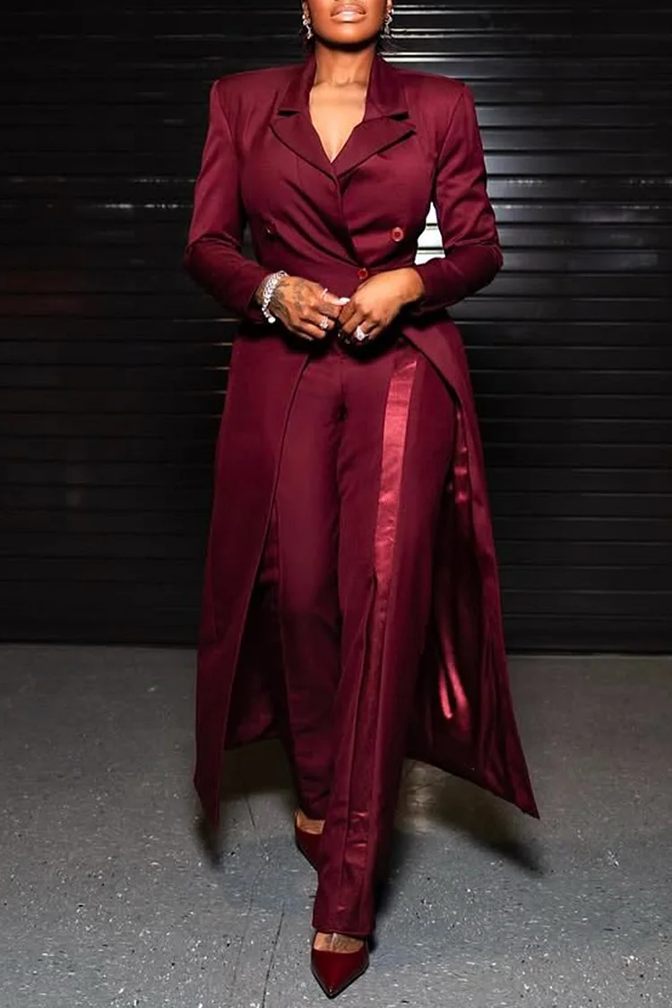 Plus Size Formal Burgundy Elegant Lapel Collar Long Sleeve Asymmetric Hem Two Piece Pant Suits [Pre-Order] 2024 - Xpluswear