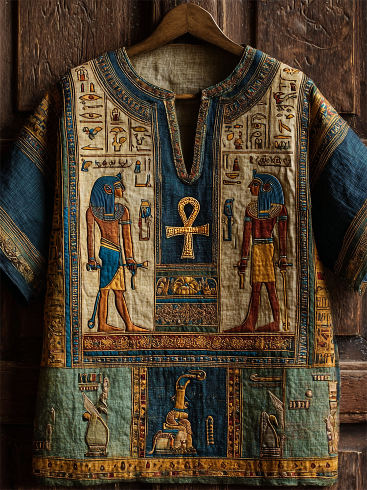 Ankh Ancient Egyptian Gods & Runes Embroidered Colorblock Linen Shirt
