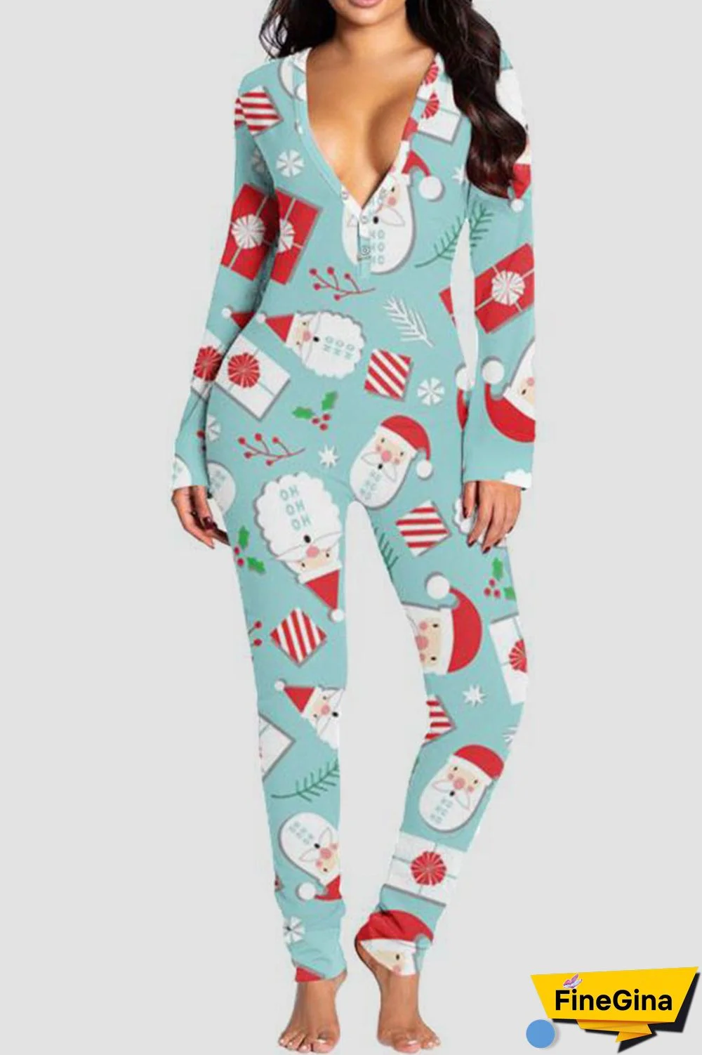 Baby Blue Casual Print Patchwork Buckle V Neck Skinny Jumpsuits