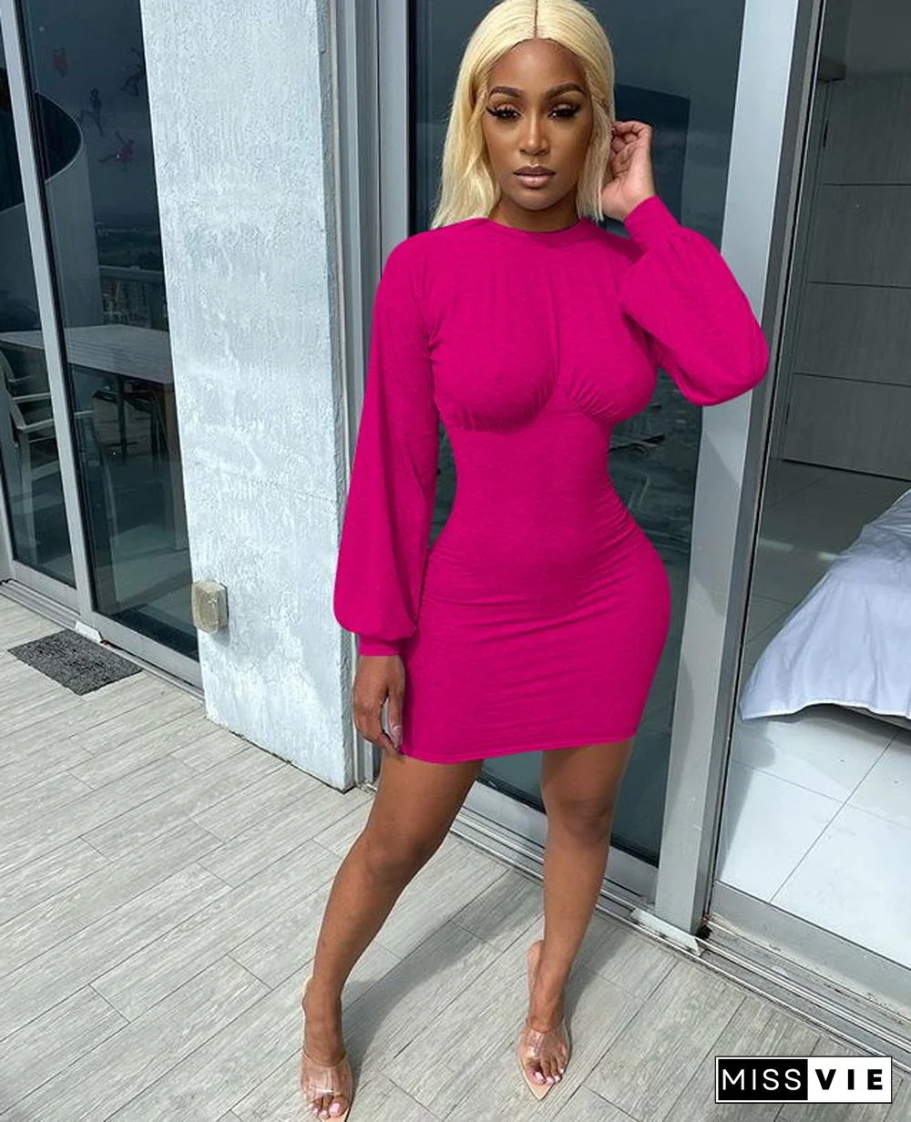 Elegant Women Long Sleeve Solid Lantern Sleeve Bodycon Dress