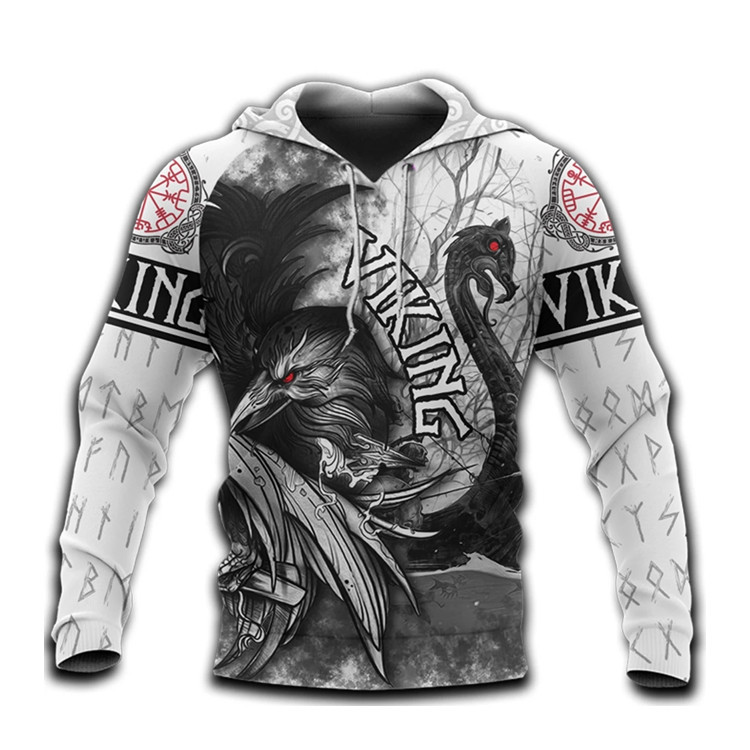 Nordic Raven 3D Hoodie with Viking and Mystical Creatures Design