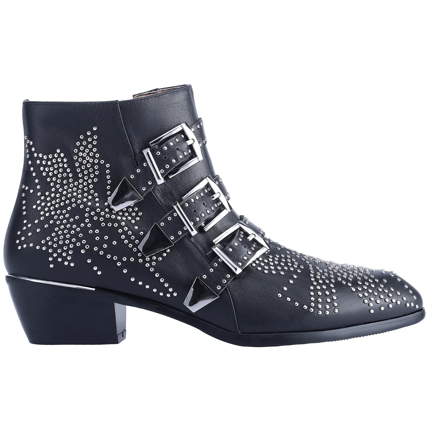 Women's Rivets Metal Buckle Low Heels Ankle Boots Black Silver-vocosishoes