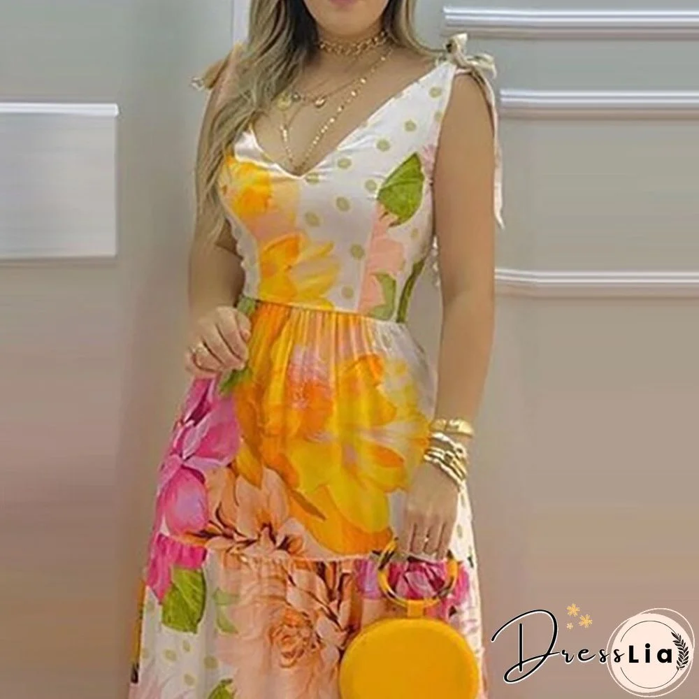 Women's Elegant Floral Print Sleeveless V-neck Dress Maxi Summer Holiday Dress Dresses Length Sleeve Style Sleeve Length(cm) Age