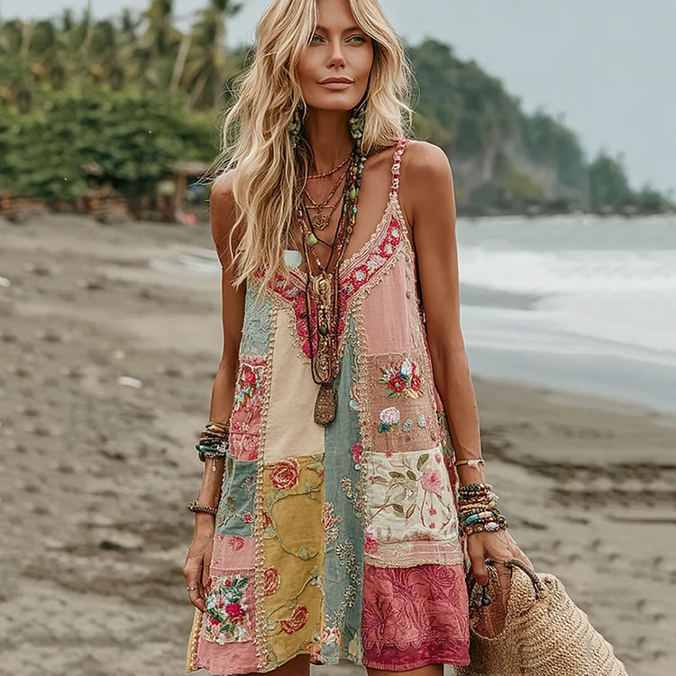 Women's Vintage Rose Floral Art Patchwork Comfy Midi Dress