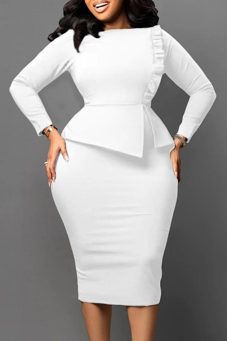 Ruffled Trim Round Neck 3/4 Sleeve Bodycon OL Style White Midi Dresses