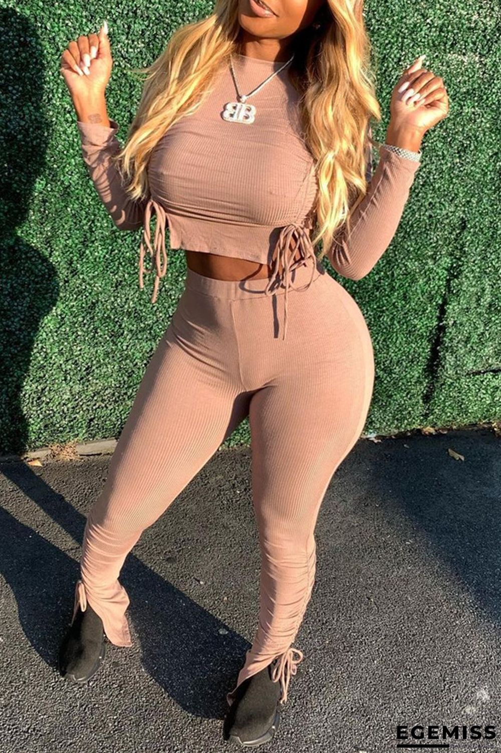 Khaki Fashion Casual Solid Strap Design O Neck Long Sleeve Two Pieces | EGEMISS