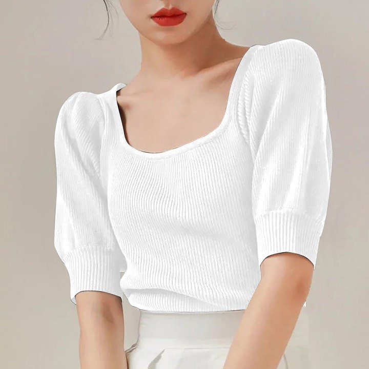 Kanonion Elegant Women Puff Sleeve T-Shirts Ribbed Square Neck Chic Solid Color Tees Summer Office Lady Korean Style Slim Fit Tops