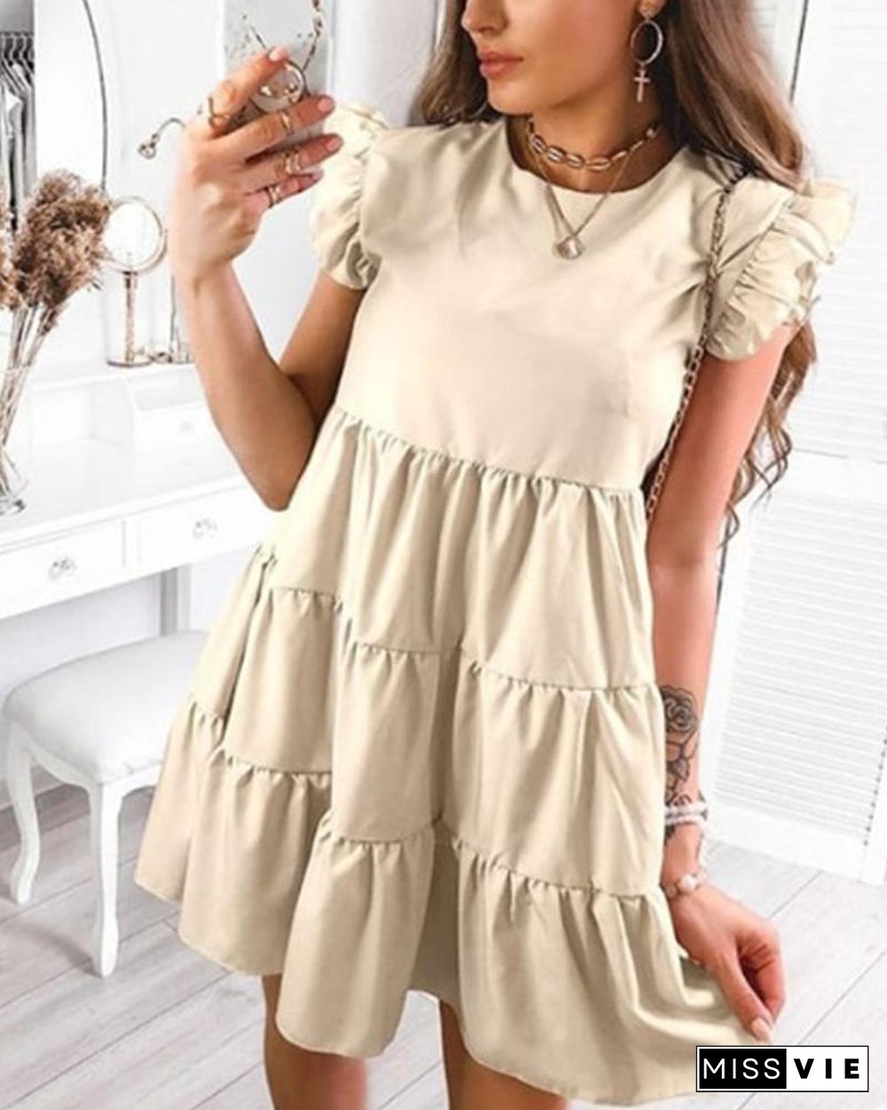 Solid Short Sleeve Ruffles A-line Cake Dress P15274