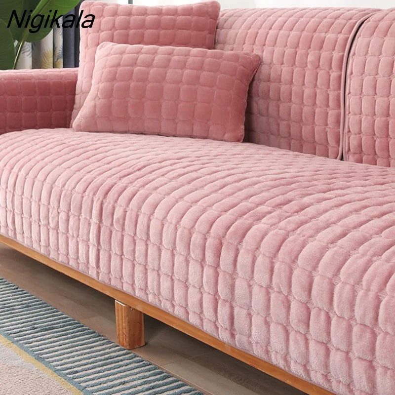 Nigikala Sofa Cover Cushion Plush Non-slip Thickened SlipCover Cushion Cover Universal Solid Color Dust-proof Sofa Seat Cover