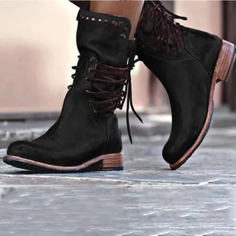 Women Shoes Retro Female Pu Leather Rivet Block Lace Up Motorcycle Boots Low Heel Mid Calf Boots Plus Size Fashion