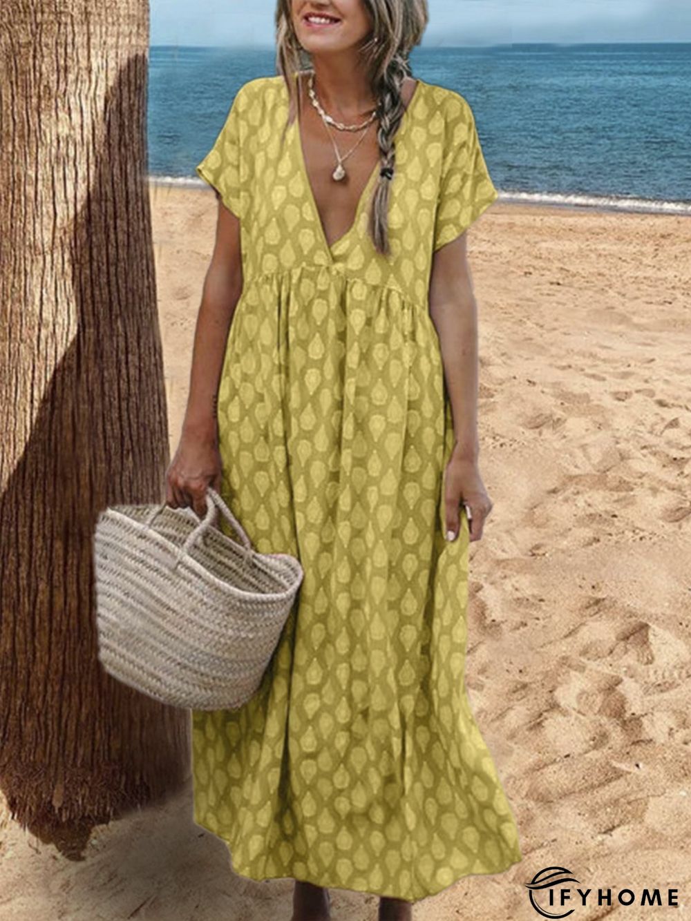 Women Plus Size Casual V Neck Short Sleeve Printed Floral Weaving Dress | IFYHOME