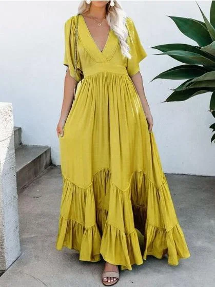 Pure V-Neck Pocket Belted Bohemian Maxi Dress