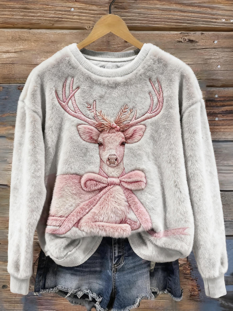 Pink Christmas Deer Embroidered Cozy Plush Sweatshirt elevenforest