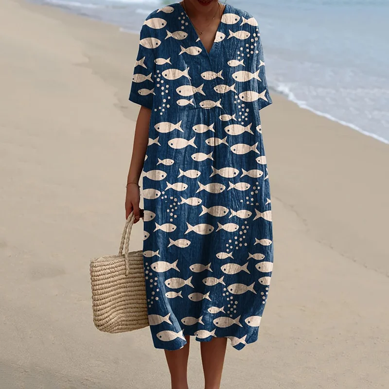 Women's Fish Art Print Casual V Neck Midi Dress